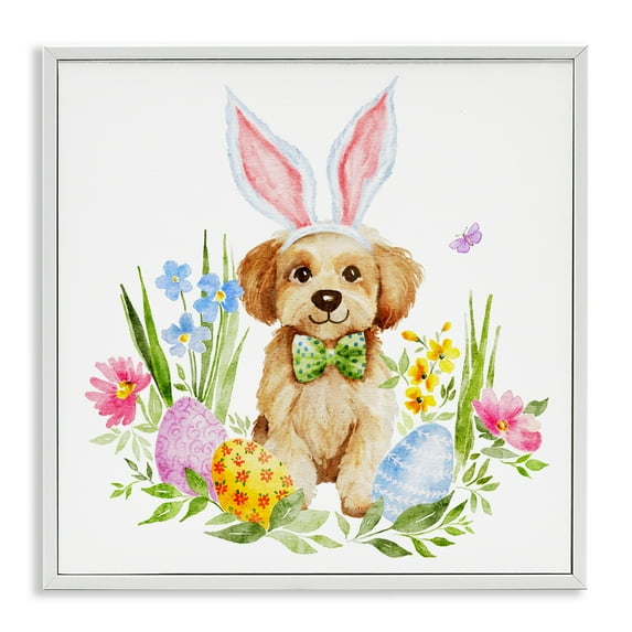 Playful Easter Puppy White Framed Giclee Art, 17 x 17, Made In USA