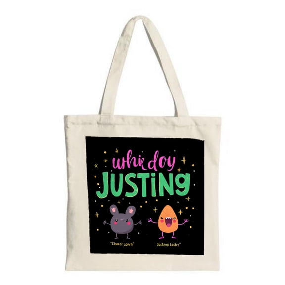 Playful Egg Character Tote Bag - Bold Green & Pink Text Black Background with Yellow Stars Perfect for Shopping & Travel