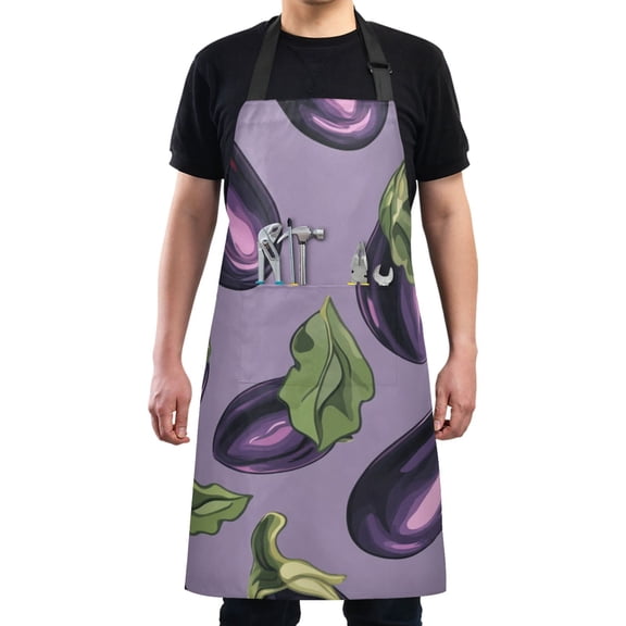 Playful Eggplant Design Chef Kitchen Apron with Pockets for Women Waterproof Aprons for Cooking Baking