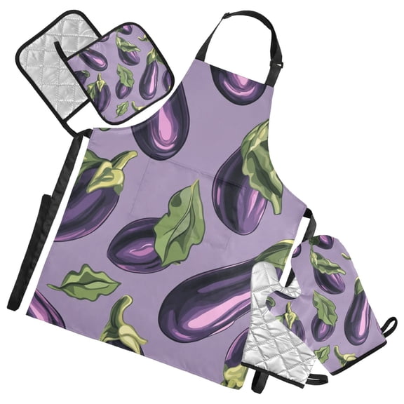Playful Eggplant Design Oven Mitts and Pot Holders with Chef Apron Set 5 Pcs Kitchen Cooking Set