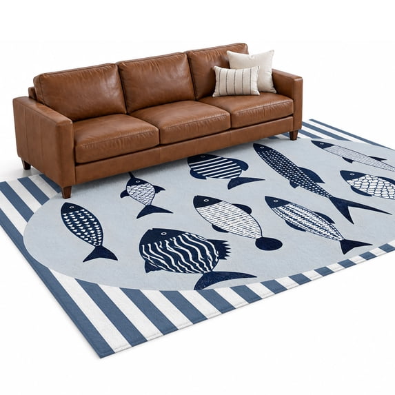 Playful Fish Washable Living Room Rugs 9'x12', Various Navy Blue Fishes ...