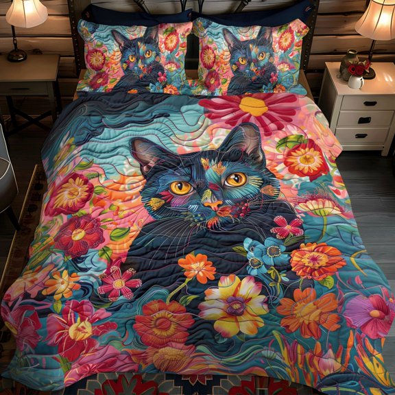 Playful Floral Cats 3-Piece Quilted Bedding Set
