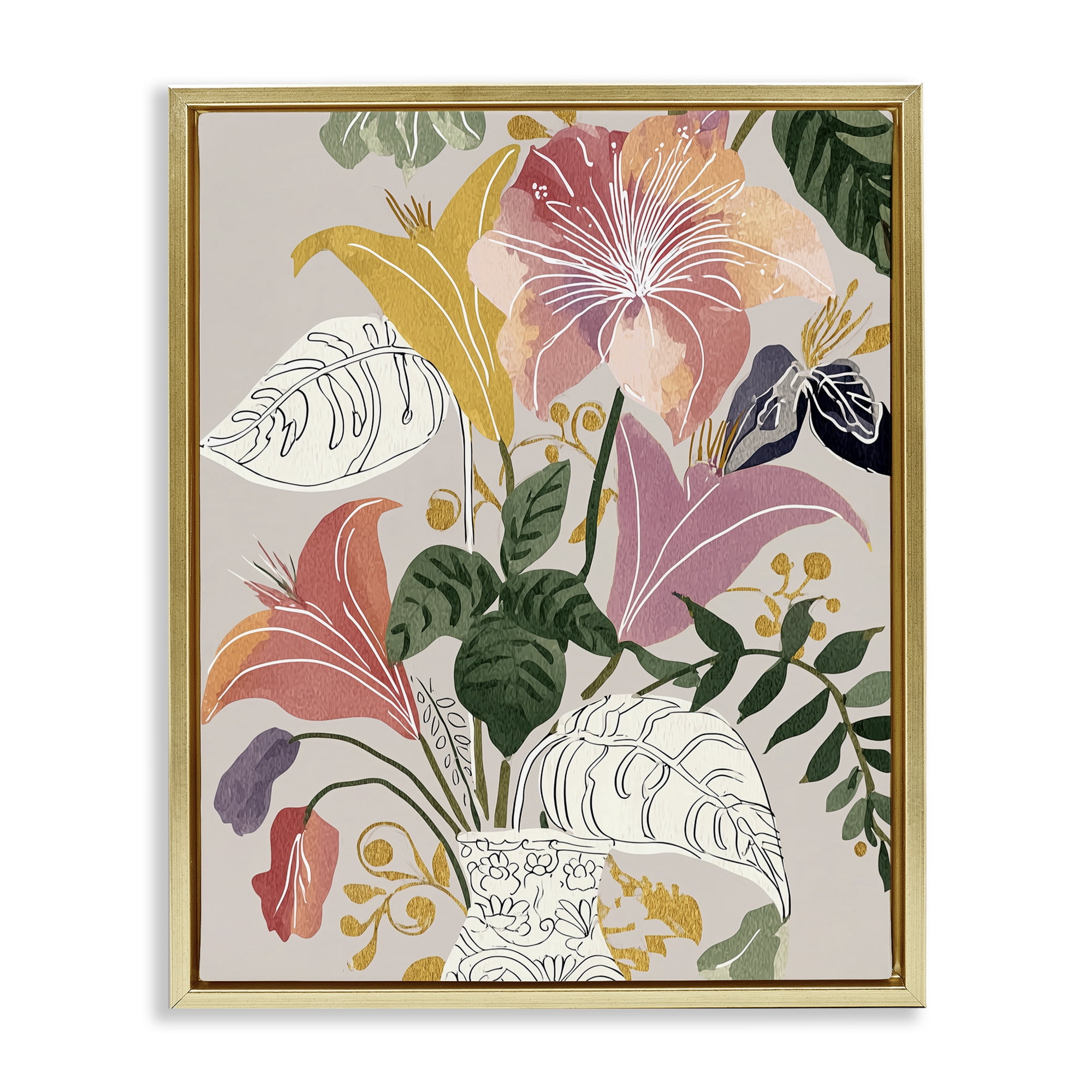 Playful Flower Bouquet Gold Framed Floater Canvas Wall Art, design by Annabelle Hall