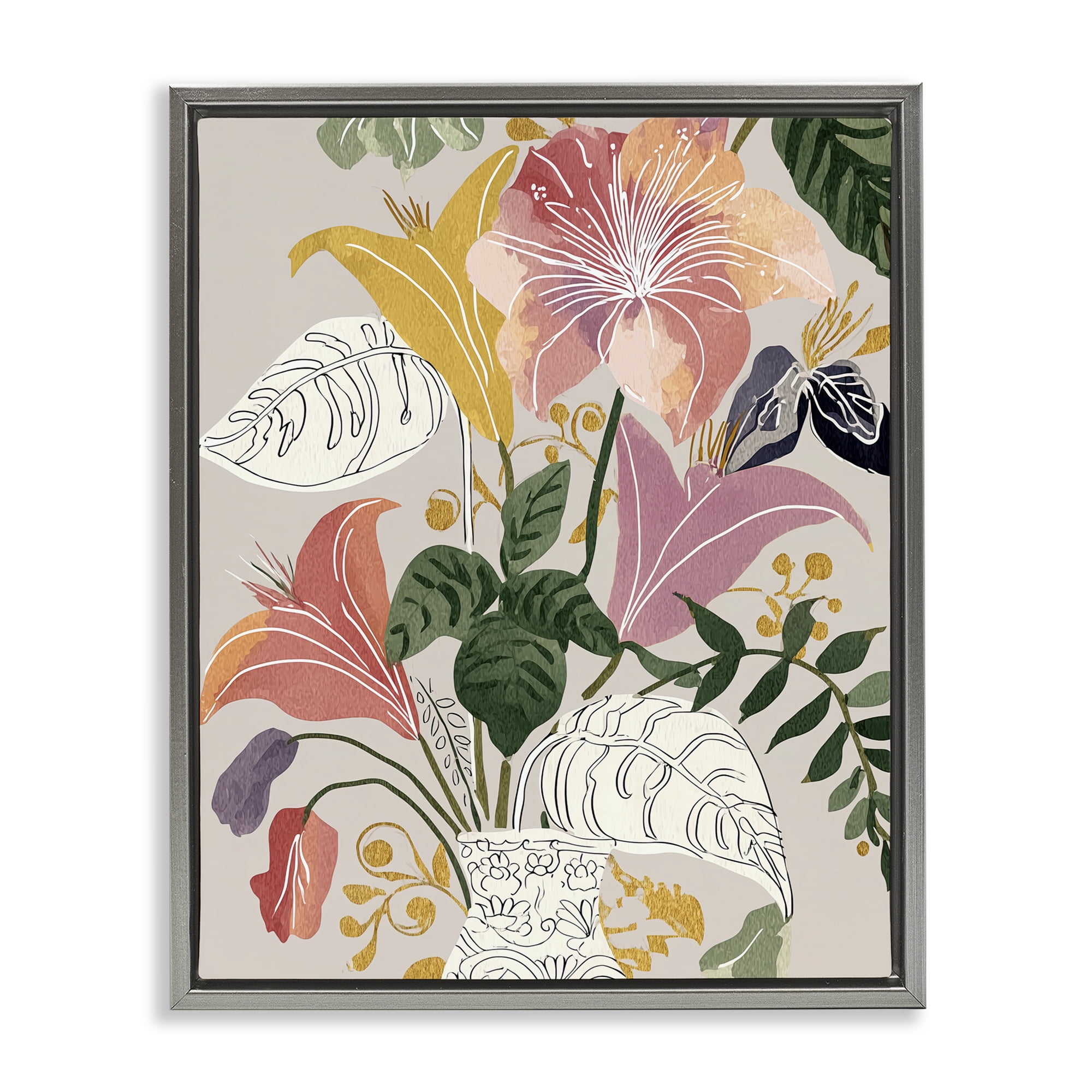 Playful Flower Bouquet Gray Framed Floater Canvas Wall Art, design by Annabelle Hall