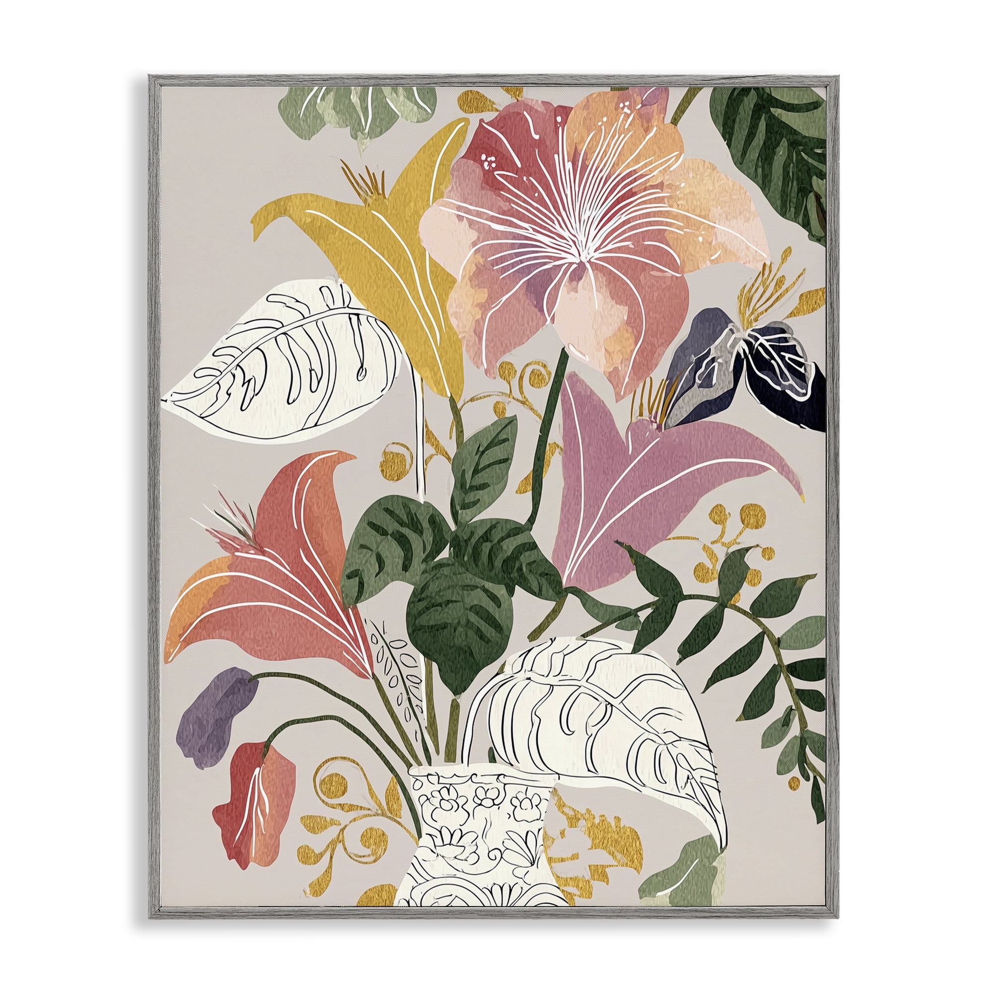 Playful Flower Bouquet Gray Framed Giclee Art, design by Annabelle Hall