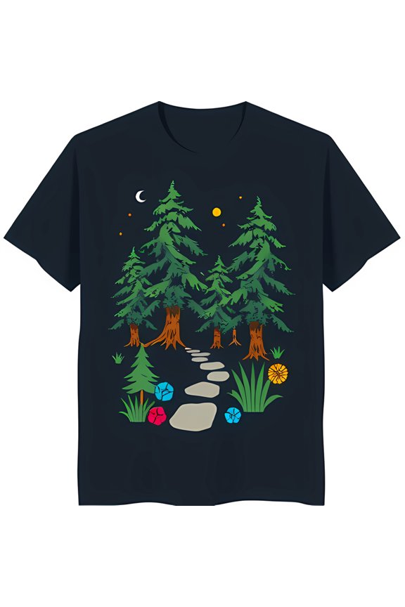 Playful Forest Scene Graphic on Black T-Shirt Colorful Trees & Design