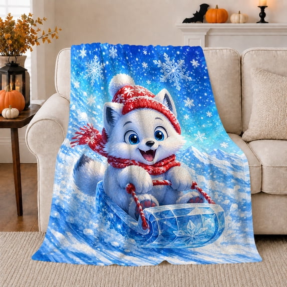 Playful Fox Sled Adventure Winter Snow Scene Vibrant, Peaceful Mountain Lake Scene, Warm Flannel Blanket for Cabin and Lodge, Outdoor Lovers Camping Gift, Playful Home Decor