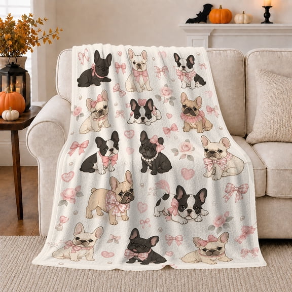Playful French Bulldog Pattern Pink Bows Roses Hearts, Playful Pet Portrait Pattern, Warm Flannel Blanket for Living Room and Bedroom, Dog Lovers Valentine's Day Gift, Pet Lover Home Decor