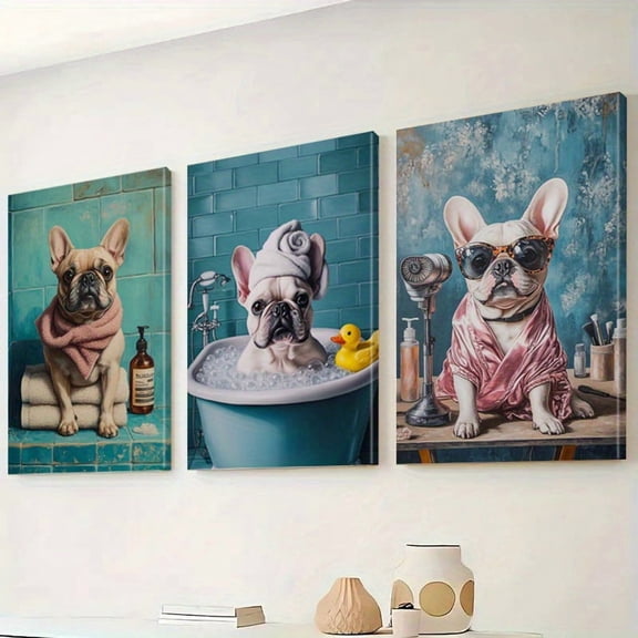 Playful French Bulldog SPA 3-Piece Canvas Decor for Bathroom