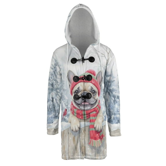 Playful French Bulldog Welcomes Winter Snowy Day with Cardinal Bird All Over Print 3D Hooded Duffle Toggle Coat Dog Lover Gifts - 2017