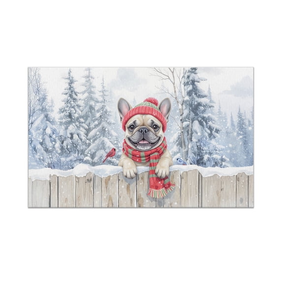 Playful French Bulldog Welcomes Winter Snowy Day with Cardinal Bird Doormat Dog Lover Gifts Indoor Outdoor Welcome Mat - 2017