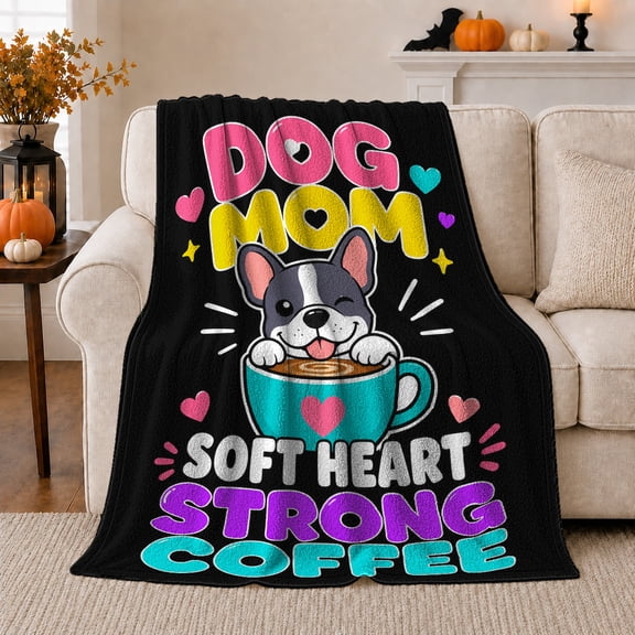 Playful French Bulldog Winking Over Coffee Cup Cartoon, Playful Pet Portrait Pattern, Warm Flannel Blanket for Kitchen and Dining Room, Dog Moms Birthday Gift, Pet Lover Home Decor