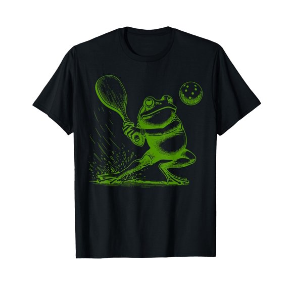 Playful Frog Playing Pickleball T-Shirt for Fun Sports Enthusiasts