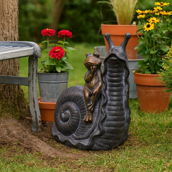 Playful Frog on Snail Garden Statue - Decorative Piece or Outdoor Yard Sculpture for Patio or Garden Decor - 19", Grey