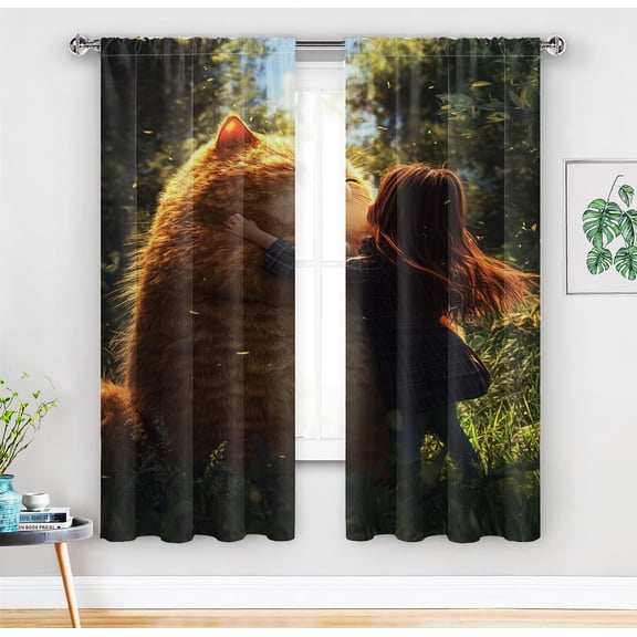 Playful Fun Blackout Curtains,Little Girl and Garfield's Adventures in Green Meadow, cute decoration for kids' rooms and nurseries,A