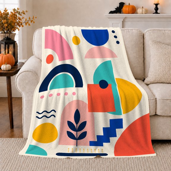 Playful Geometric Shapes Vibrant Multi-Colors, Playful Artistic Scene, Warm Flannel Blanket for Home Library and Reading Nook, Art Lovers Housewarming Gift, Artistic Home Decor