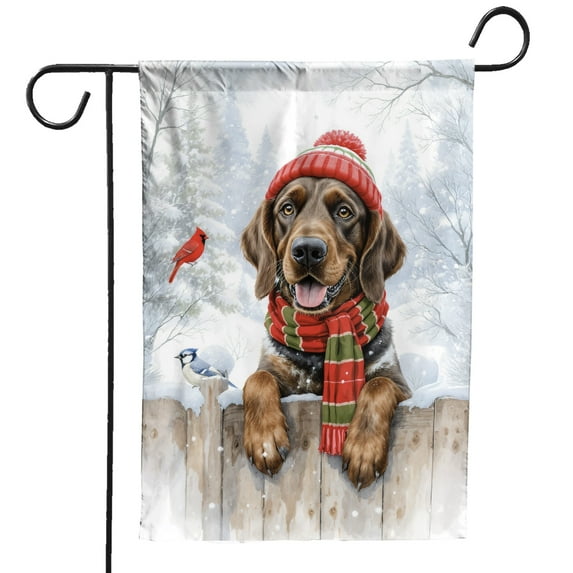 Playful German Shorthaired Pointer Welcomes Winter Snowy Day with Cardinal Bird Garden Flag 12x18in Double Sided GSP Lover Dog Gift Outdoor Decor - 2017