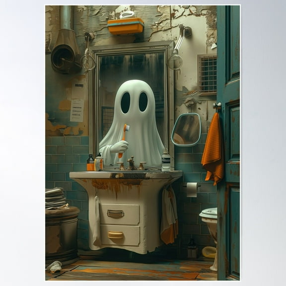Playful Ghost Brushing Teeth In Vintage Bathroom Scene Poster Wall Art, Modern Wall Decor For Living Room Bedroom, 12x18 UNFRAMED