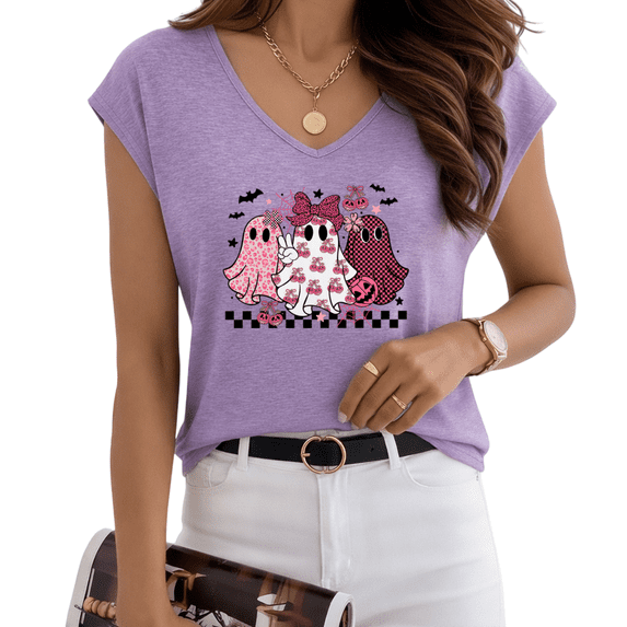 Playful Ghost Print T-Shirt V-Neck Short Sleeve Halloween Women’s Casual Top