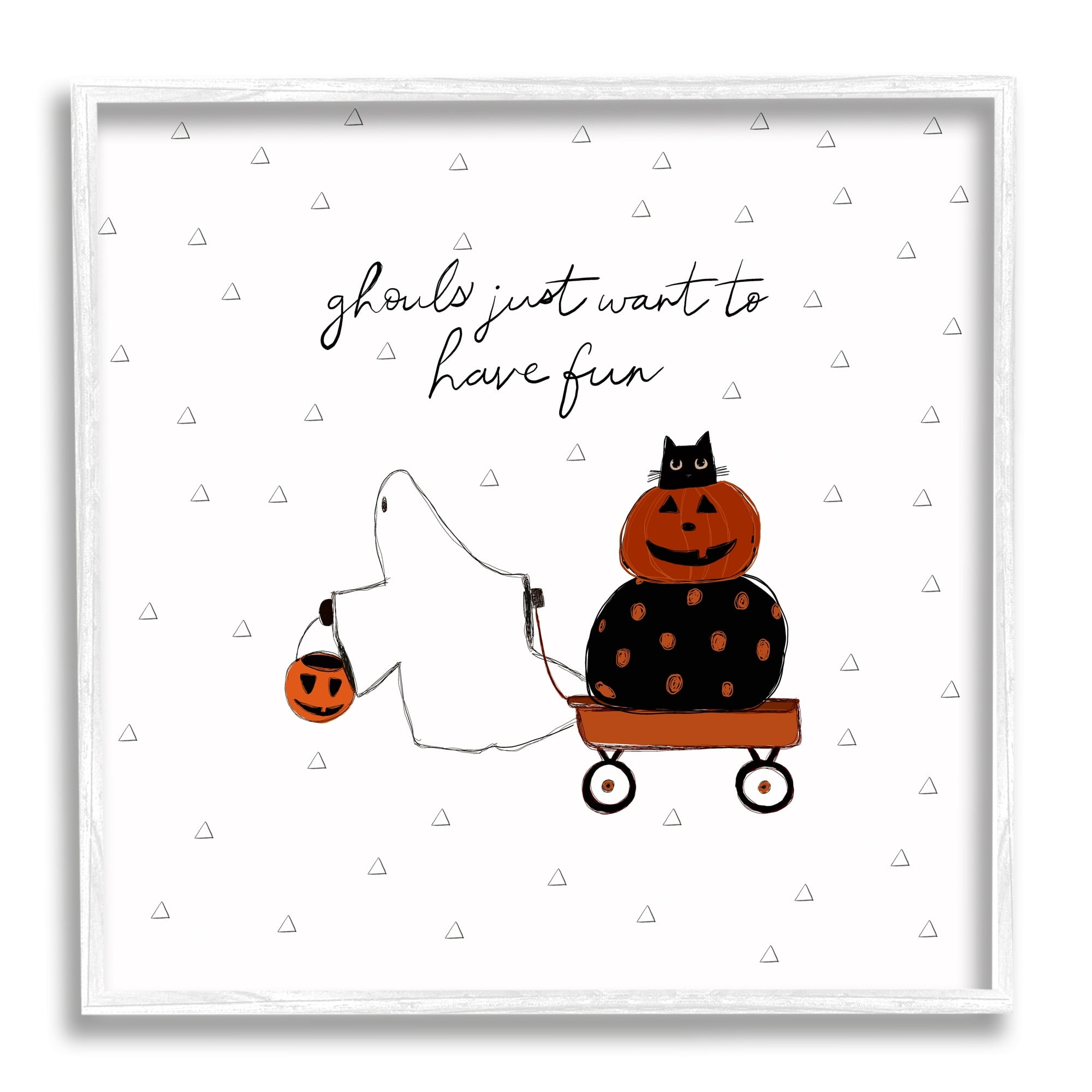 Playful Ghost Script Quote Pumpkins Cat In Wagon Fairy Tales & Fantasy Graphic Art Framed Art Print Wall Art