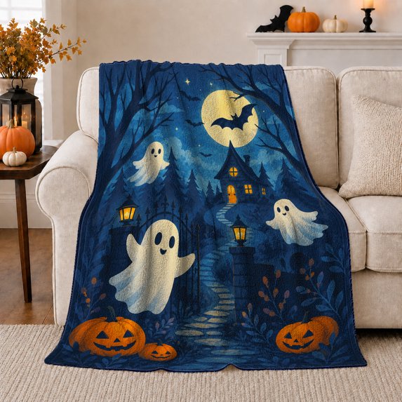 Playful Ghostly Halloween Night Landscape, Festive Halloween Scene, Warm Flannel Blanket for Living Room and Reading Nook, Art Lovers Halloween Gift, Festive Home Decor