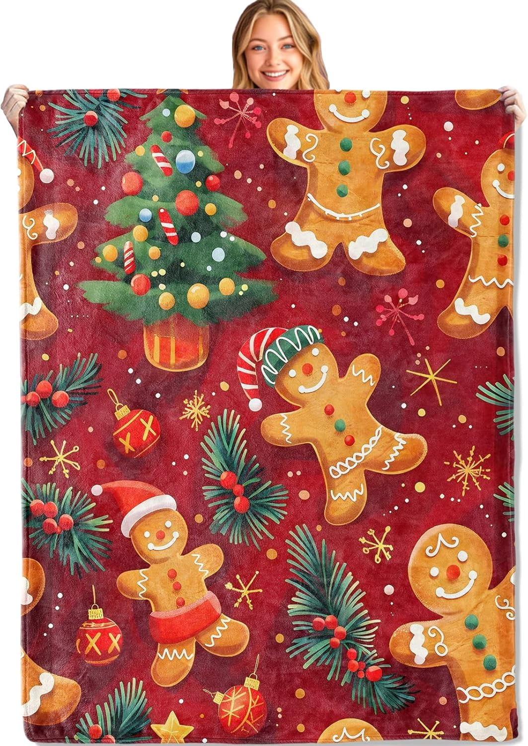 Playful Gingerbread Red Throw Blanket 60x80in, Soft Lightweight Flannel ...