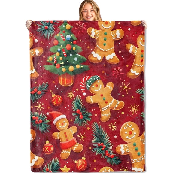 Playful Gingerbread Red Throw Blanket 60x80in, Soft Lightweight Flannel, Food Lantern Hat Pine Branch Candy Blankets - Gifts for Adult, for Couch Office Travel Home Living Room Christmas Decor