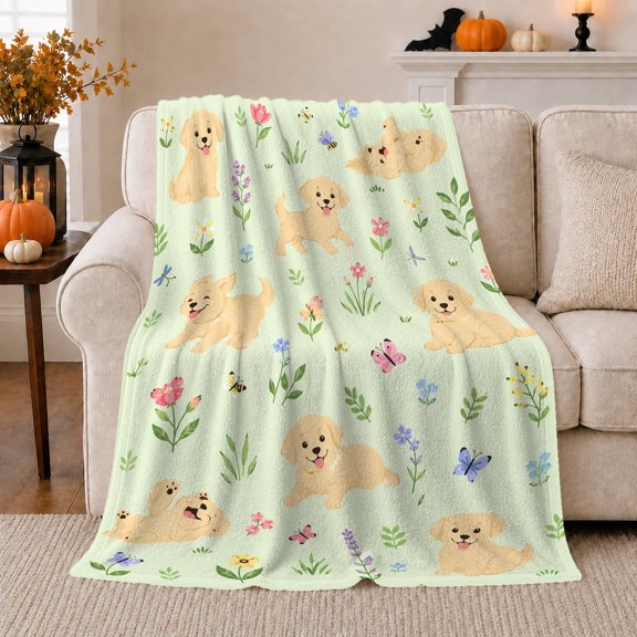 Playful Golden Retriever Cartoon Pumpkin Scene Autumn, Playful Pet Portrait Pattern, Warm Flannel Blanket for Living Room and Reading Nook, Dog Lovers Thanksgiving Gift, Pet Lover Home Decor
