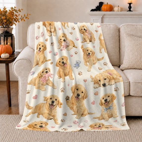 Playful Golden Retriever Puppy Pattern Hearts Paw Prints, Playful Pet Portrait Pattern, Warm Flannel Blanket for Cabin and Lodge, Dog Lovers Just Because Gift, Pet Lover Home Decor