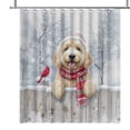 thumbnail image 1 of Playful Goldendoodle Welcomes Winter Snowy Day with Cardinal Bird Shower Curtain Doodle Dog Lover Gifts Idea Waterproof Bathroom Bathtub Curtain - 12017, 1 of 5