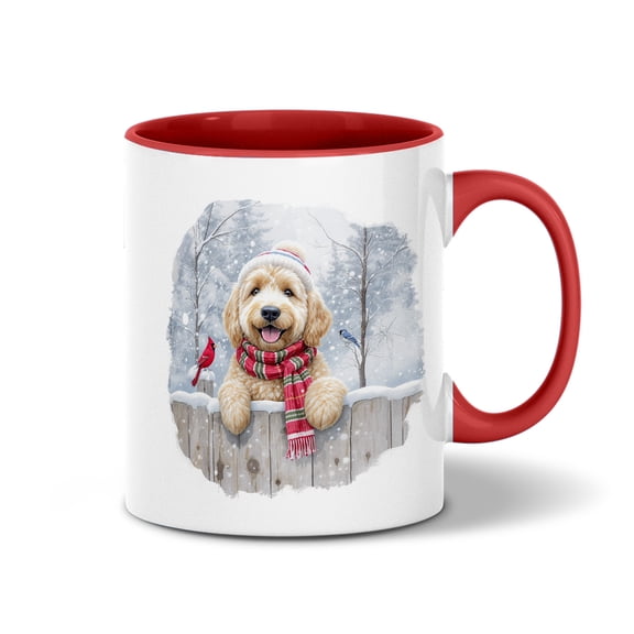 Playful Goldendoodle Welcomes Winter Snowy Day with Cardinal Bird 11oz Accent Two-tone Mug Doodle Dog Lover Gifts Idea Coffee Tea Cup - 2017