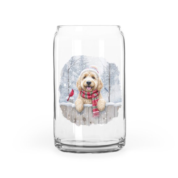 Playful Goldendoodle Welcomes Winter Snowy Day with Cardinal Bird 16oz Glass Cup Mug Doodle Dog Lover Gifts Idea Glass Can - 2017