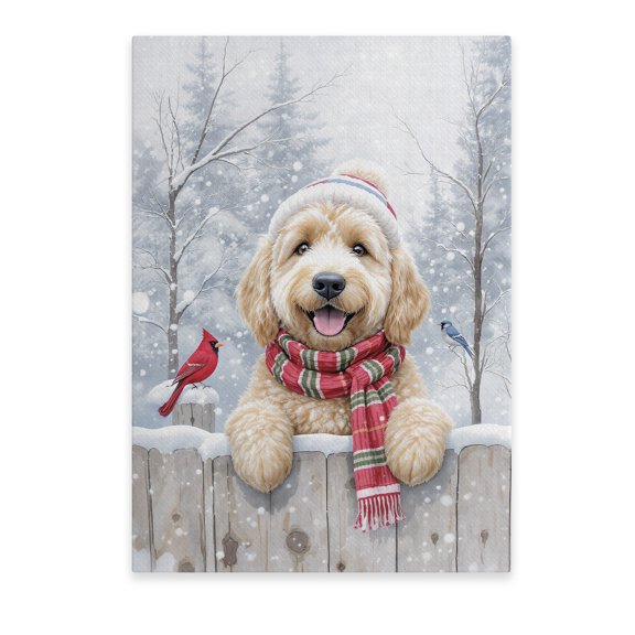 Playful Goldendoodle Welcomes Winter Snowy Day with Cardinal Bird Vertical Matte Canvas Poster Doodle Dog Lover Gifts Idea Wall Art Home Decor - 2017