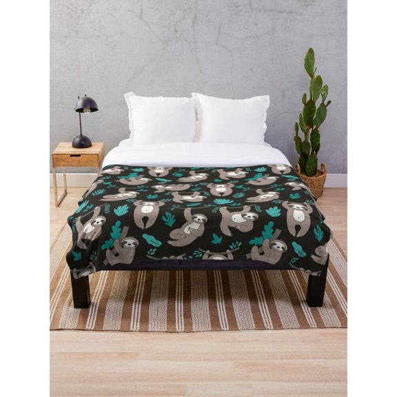 Playful Gray Sloths and Teal Leaves on Black Fleece Blanket, Polyester Fleece Fabric, 280 GSM, Nature Theme