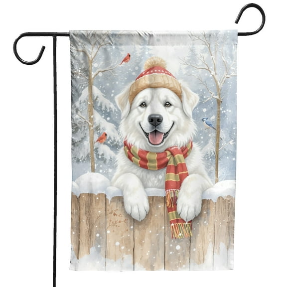 Playful Great Pyrenees Welcomes Winter Snowy Day with Cardinal Bird Garden Flag 12x18in Double Sided Pyr Dog Lover Outdoor Decor - 2017