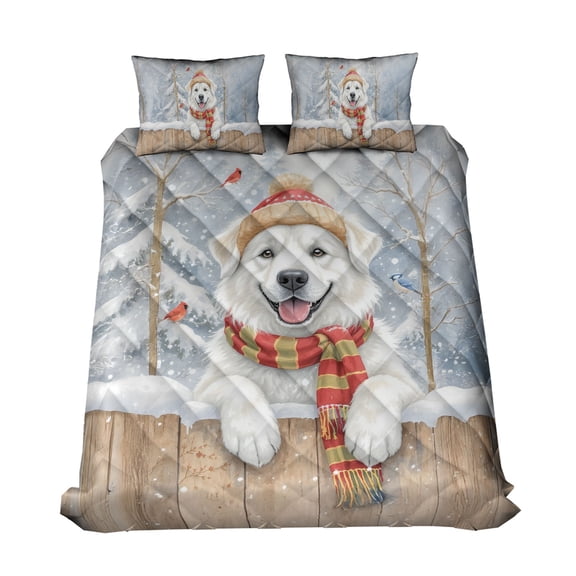Playful Great Pyrenees Welcomes Winter Snowy Day with Cardinal Bird Quilt Bedding Set Pyr Dog Lover 1 Blanket Bed Cover 2 Pillowcases - 12017