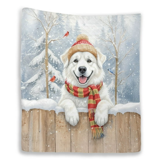 Playful Great Pyrenees Welcomes Winter Snowy Day with Cardinal Bird Quilt Blanket Pyr Dog Lover Cozy Comforter Throw Blanket - 12017