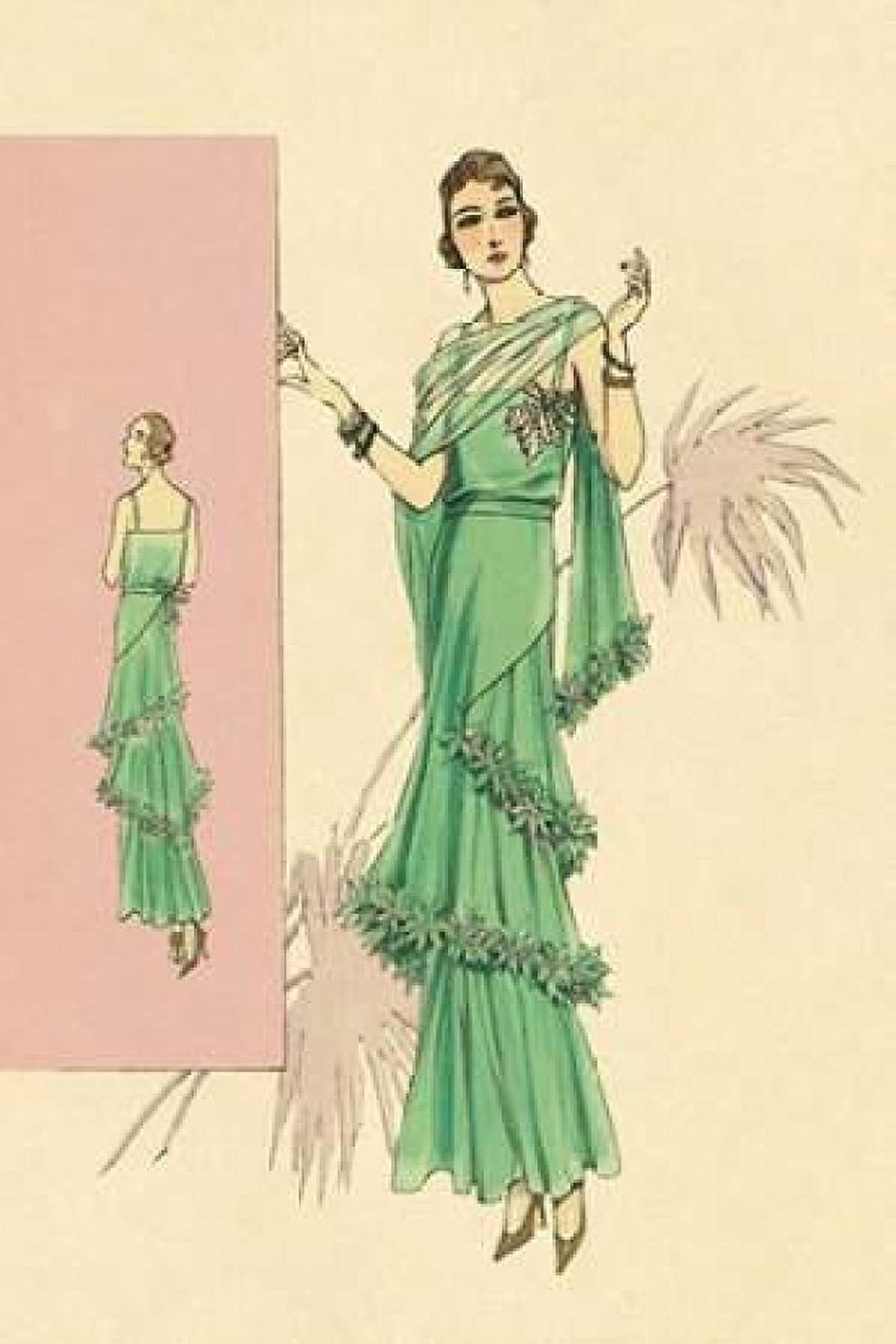 Playful Green Evening Gown Canvas Art - Vintage Fashion (12 x 18)