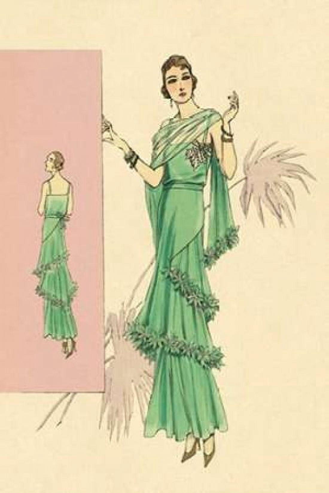 Playful Green Evening Gown Canvas Art - Vintage Fashion (24 x 36)
