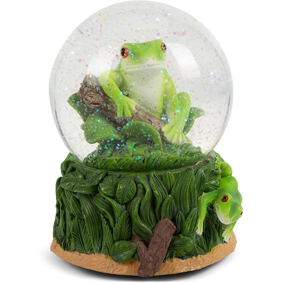 Playful Green Tree Frog Tabletop Figurine Forest Hopping Log Leaves 100MM Sturdy Glitter Water Wind Up Musical Snow Globe Plays Tune Beautiful Dreamer