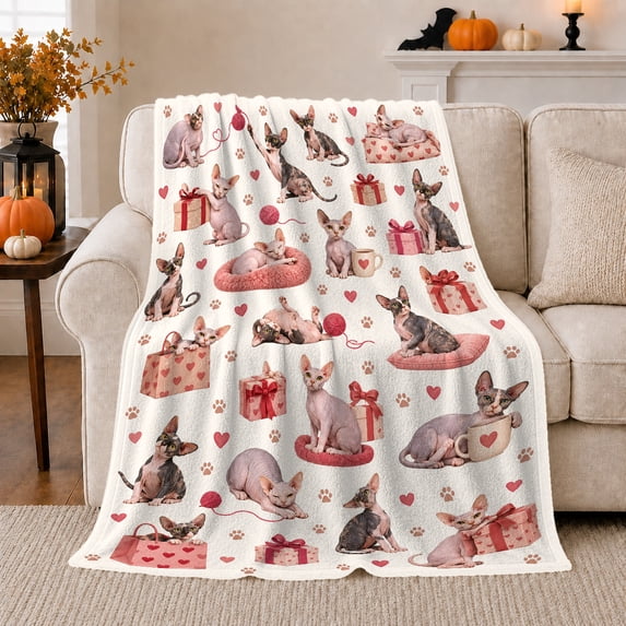 Playful Hairless Sphynx Cats Pink Gifts Hearts Collage, Playful Pet Portrait Pattern, Warm Flannel Blanket for Living Room and Reading Nook, Cat Lovers Friendship Gift, Pet Lover Home Decor