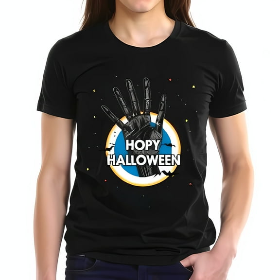 Playful Halloween Cotton Short Sleeve T-Shirt with Spooky Hand Peace Sign & Colorful 'HOPY HALLOWEEN' Graphic