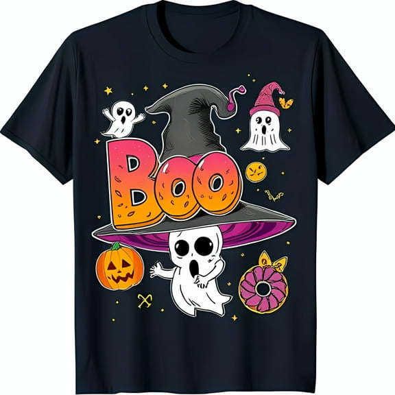 Playful Halloween Ghost Graphic T-Shirt Deep Blue with Pumpkin & Donut Design