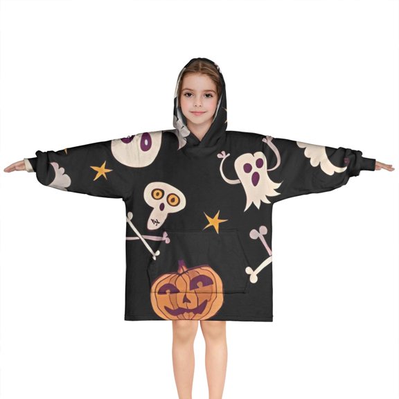 Playful Halloween Ghosts Pattern Blanket Hoodies for Kids 6-13YR Oversize Wearable Blanket Hoodies for Boys Girls Teens