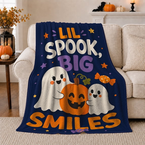 Playful Halloween Ghosts Pumpkin Whimsical, Festive Halloween Scene, Warm Flannel Blanket for Living Room and Family Room, Art Lovers Halloween Gift, Festive Home Decor