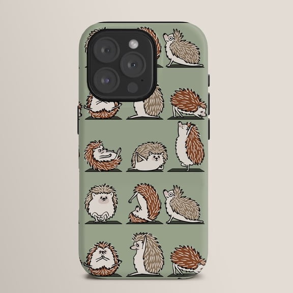 Playful Hedgehog Poses on Sage Green Tough Case for Apple iPhone, Polycarbonate Shell with TPU Liner