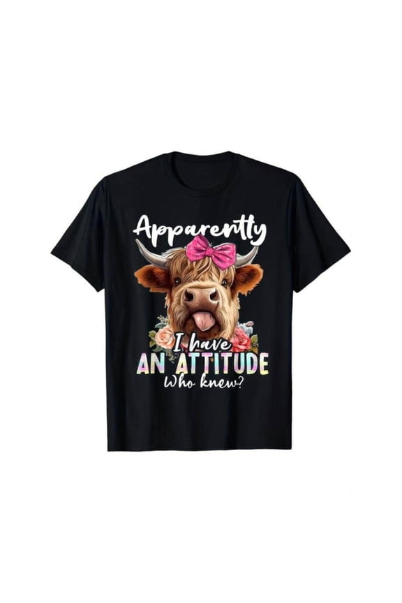 Playful Highland Cow Graphic Tee, Tops Has "Apparently I have AN ATTITUDE Who knew?" & Cow with Bow Design, Round Neck Regular Fit T - shirts, Size(S - 5XL)