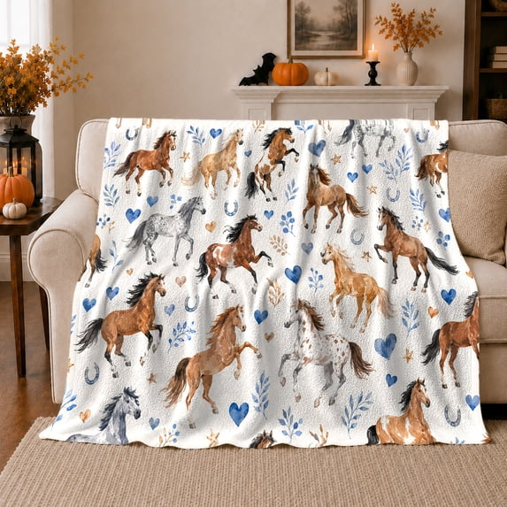 Playful Horse Watercolor Pattern Hearts Horseshoes, Rustic Farmhouse Horse Scene, Warm Flannel Blanket for Ranch House and Living Room, Horse Lovers Housewarming Gift, Rustic Home Decor