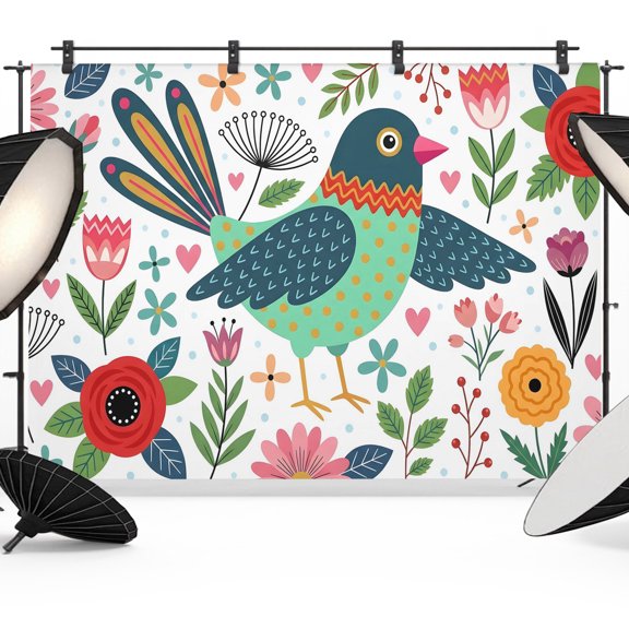 Playful Hummingbird Backdrops for Photography, Folk Art Green Bird Pink Flower Green Leaf Fabric Photo Background Sturdy Studio Props for Photo Studio, Video Recording, Booth & Photoshoot 7x5ft