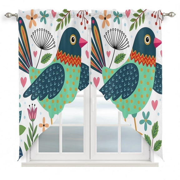 Playful Hummingbird Swag Valances for Windows 2 Pack Folk Art Green Bird Pink Flower Green Leaf Swag Kitchen Curtains 36 Inches Long Rod Pocket Short Window Treatment for Kitchen Bathroom 36"x36"